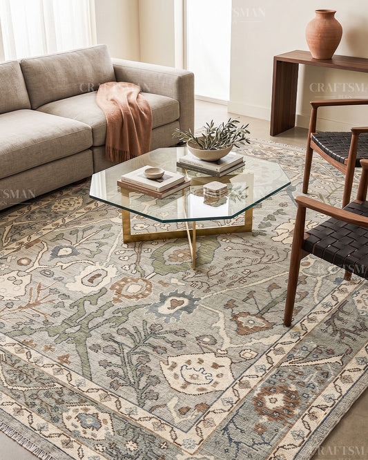Hand Knotted Oushak Rug, Vintage Turkish Wool Area Rug, Sage Green Oriental Carpet, Handmade Floral Rug, Neutral Persian Style Rug, Luxury Living Room Decor