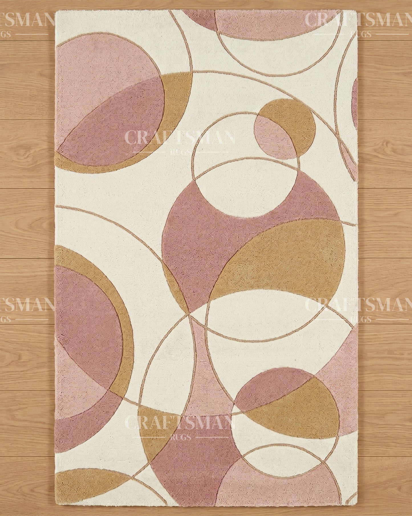 Modern Abstract Circle Hand Tufted Rug – Luxury Geometric Wool Area Rug for Living Room, Bedroom & Office | Contemporary Soft Plush Carpet in Beige Blush Pink & Gold | 5x8, 8x10, 9x12