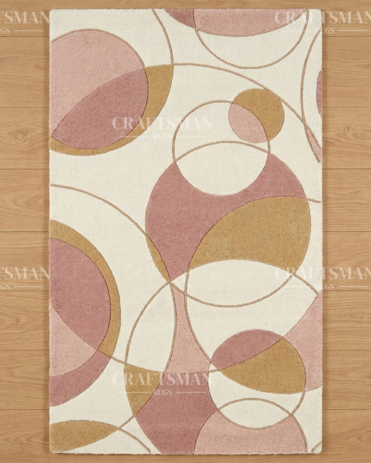 Modern Abstract Circle Hand Tufted Rug – Luxury Geometric Wool Area Rug for Living Room, Bedroom & Office | Contemporary Soft Plush Carpet in Beige Blush Pink & Gold | 5x8, 8x10, 9x12