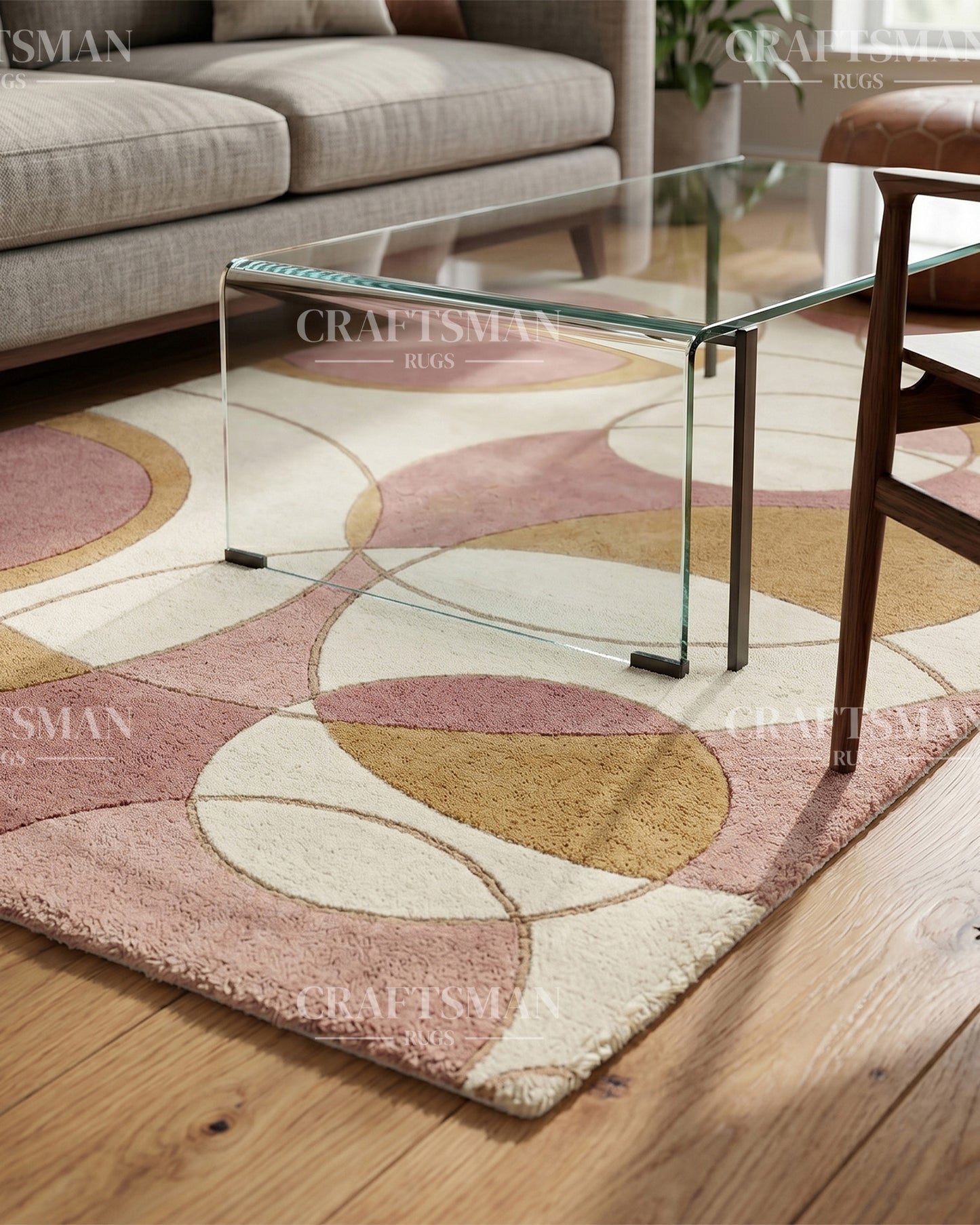 Modern Abstract Circle Hand Tufted Rug – Luxury Geometric Wool Area Rug for Living Room, Bedroom & Office | Contemporary Soft Plush Carpet in Beige Blush Pink & Gold | 5x8, 8x10, 9x12