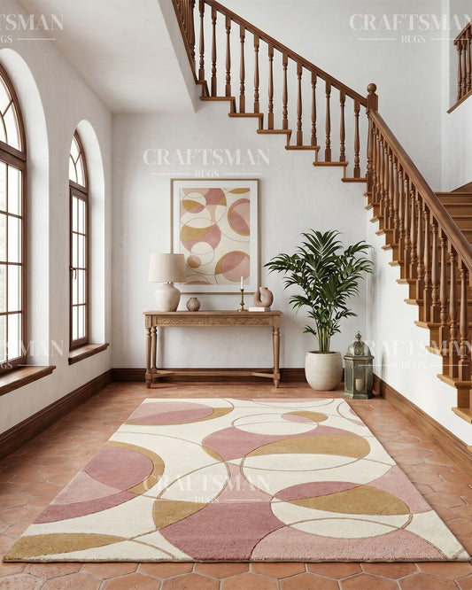 Modern Abstract Circle Hand Tufted Rug – Luxury Geometric Wool Area Rug for Living Room, Bedroom & Office | Contemporary Soft Plush Carpet in Beige Blush Pink & Gold | 5x8, 8x10, 9x12