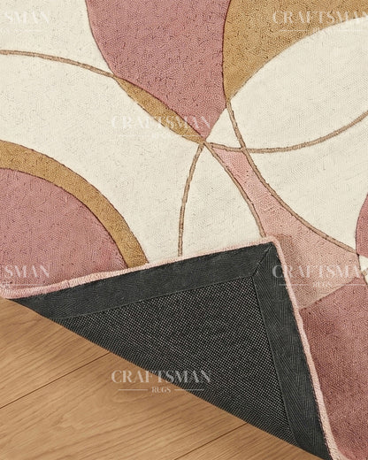 Modern Abstract Circle Hand Tufted Rug – Luxury Geometric Wool Area Rug for Living Room, Bedroom & Office | Contemporary Soft Plush Carpet in Beige Blush Pink & Gold | 5x8, 8x10, 9x12