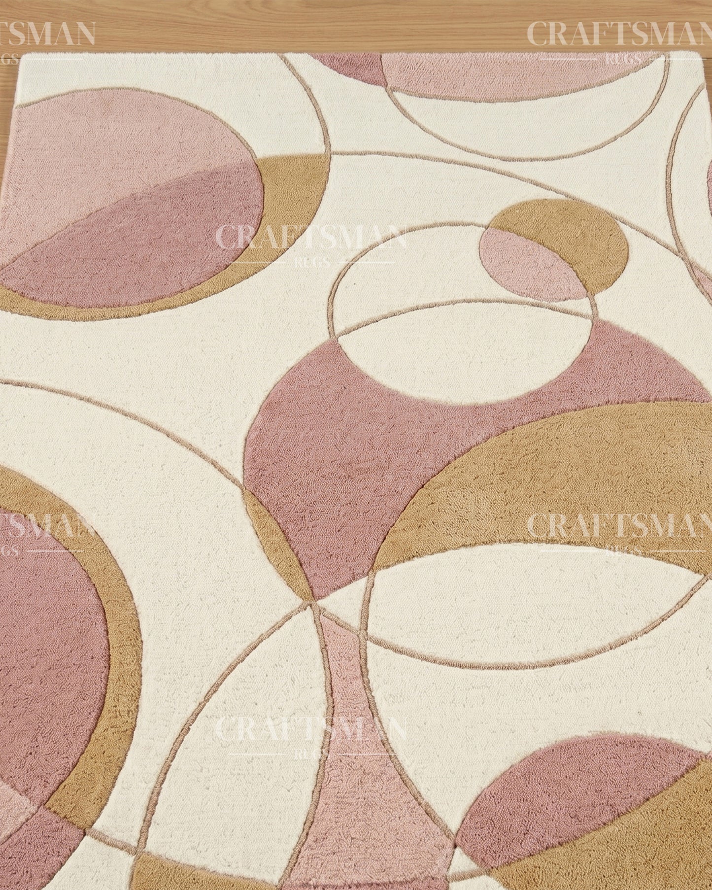 Modern Abstract Circle Hand Tufted Rug – Luxury Geometric Wool Area Rug for Living Room, Bedroom & Office | Contemporary Soft Plush Carpet in Beige Blush Pink & Gold | 5x8, 8x10, 9x12