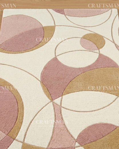 Modern Abstract Circle Hand Tufted Rug – Luxury Geometric Wool Area Rug for Living Room, Bedroom & Office | Contemporary Soft Plush Carpet in Beige Blush Pink & Gold | 5x8, 8x10, 9x12