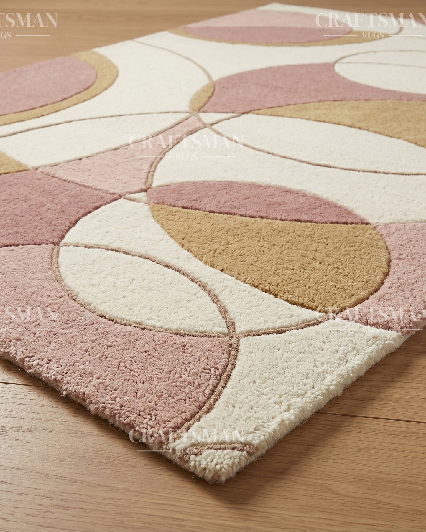 Modern Abstract Circle Hand Tufted Rug – Luxury Geometric Wool Area Rug for Living Room, Bedroom & Office | Contemporary Soft Plush Carpet in Beige Blush Pink & Gold | 5x8, 8x10, 9x12