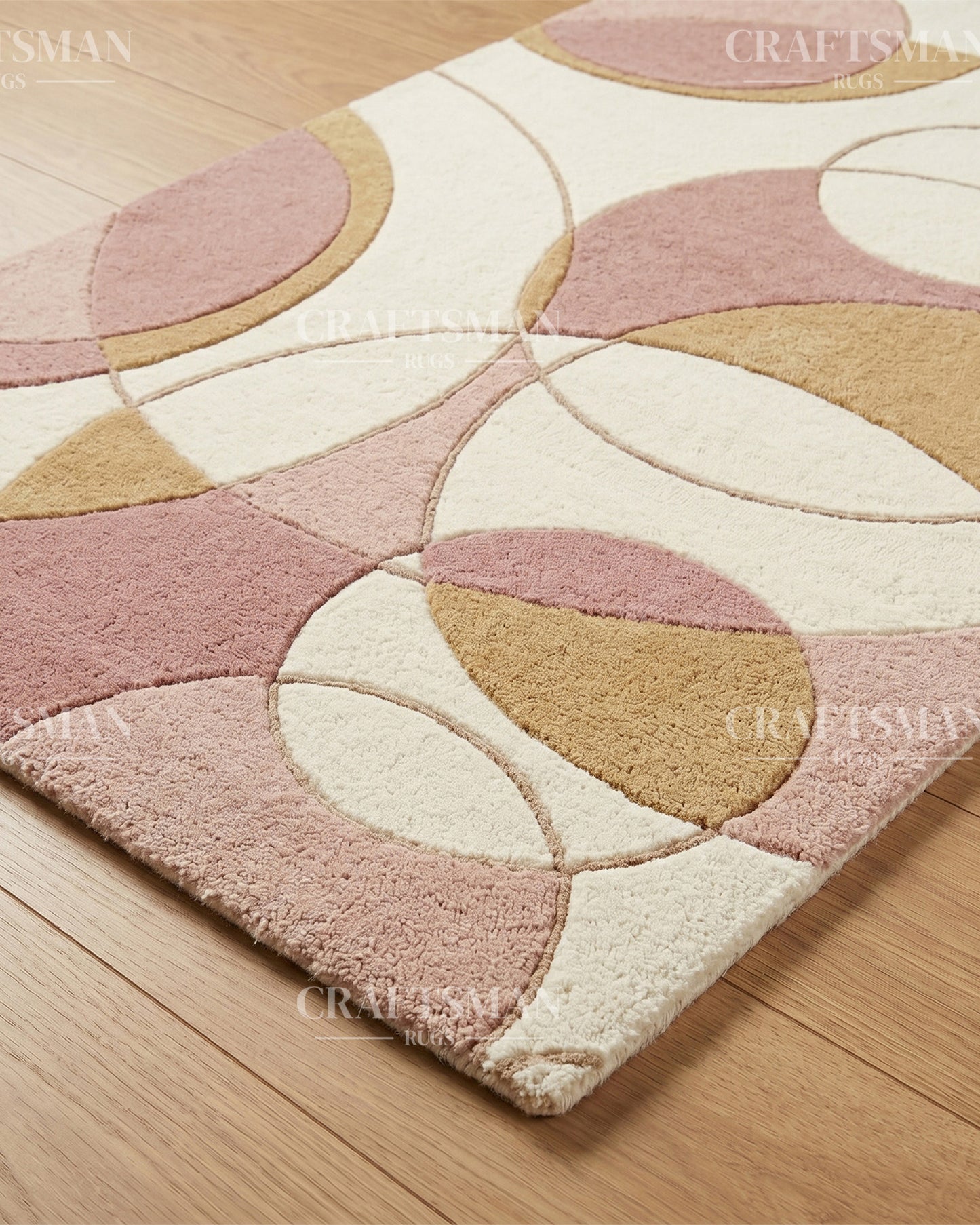 Modern Abstract Circle Hand Tufted Rug – Luxury Geometric Wool Area Rug for Living Room, Bedroom & Office | Contemporary Soft Plush Carpet in Beige Blush Pink & Gold | 5x8, 8x10, 9x12