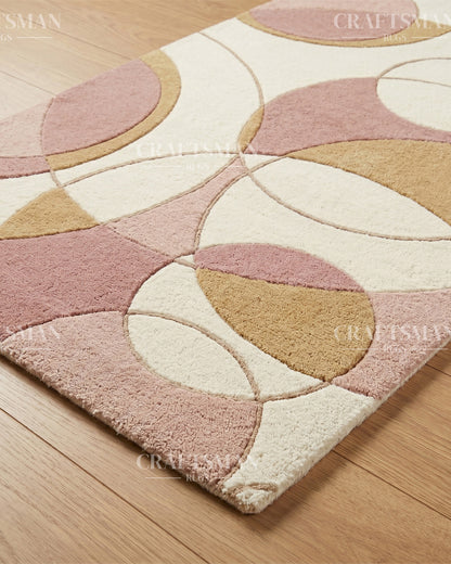 Modern Abstract Circle Hand Tufted Rug – Luxury Geometric Wool Area Rug for Living Room, Bedroom & Office | Contemporary Soft Plush Carpet in Beige Blush Pink & Gold | 5x8, 8x10, 9x12