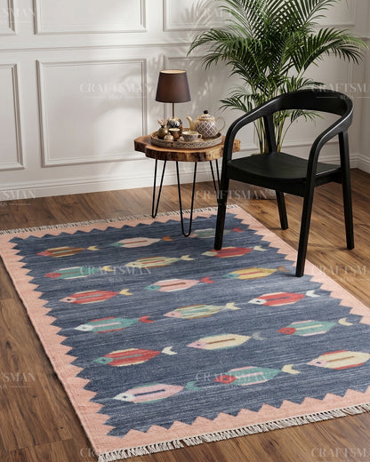 Handmade Fish Dhurrie Rug 4x6 Ft | Navy Blue Flatweave Cotton Rug | Coastal Ocean Area Rug | Handwoven Boho Accent Rug
