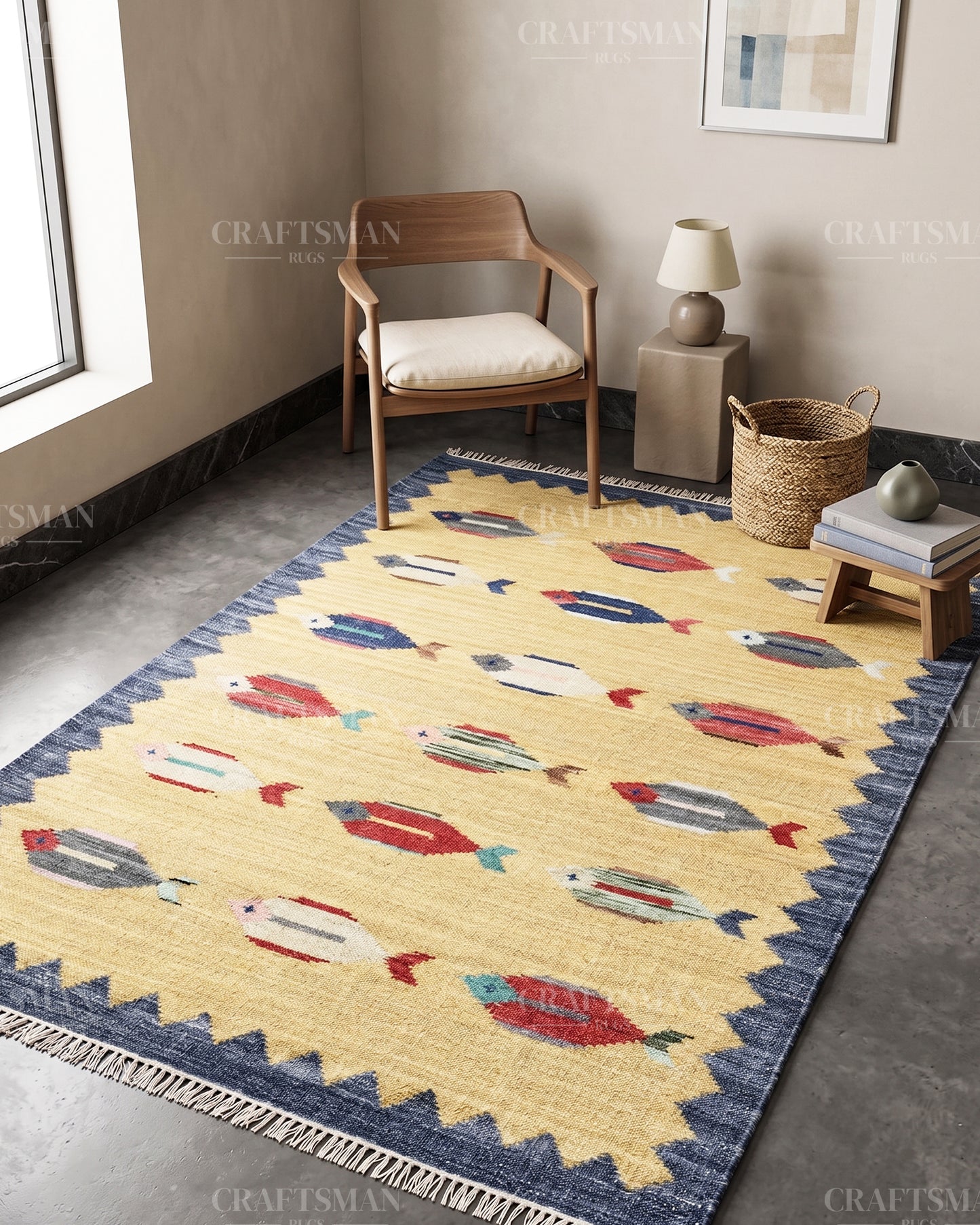 Handmade Fish Motif Flatweave Dhurrie Rug – Coastal Boho Cotton Area Rug, Tribal Kilim Style Handmade Woven Carpet for Living Room Bedroom Entryway