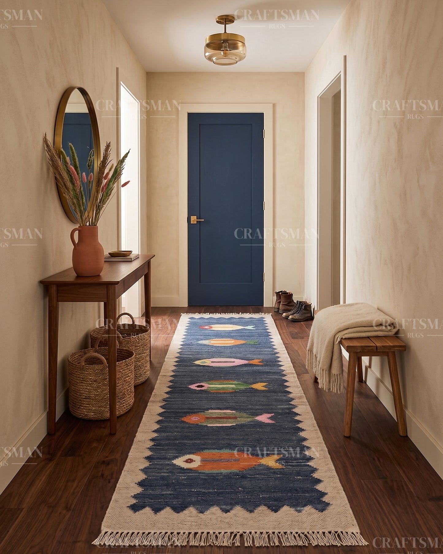 Handwoven Blue Flatweave Dhurrie Runner Rug | Handmade Wool Kilim Runner with Colorful Fish Motif | Coastal Farmhouse Boho Hallway Entryway Kitchen Carpet