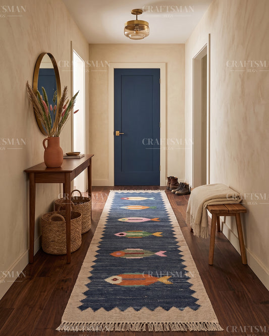 Handwoven Blue Flatweave Dhurrie Runner Rug | Handmade Wool Kilim Runner with Colorful Fish Motif | Coastal Farmhouse Boho Hallway Entryway Kitchen Carpet