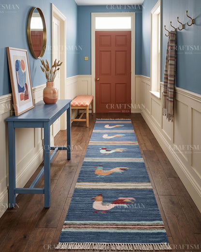 Handwoven Blue Wool Flatweave Dhurrie Runner Rug | Handmade Kilim Hallway Runner with Colorful Rooster Folk Art Motif | Farmhouse Rustic Boho Entryway Kitchen Carpet