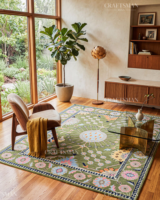 Hand Tufted Green Floral Area Rug, Persian Inspired Vintage Botanical Rug, Traditional Oriental Flower Rug for Living Room, Bedroom, Dining Room & Home Decor