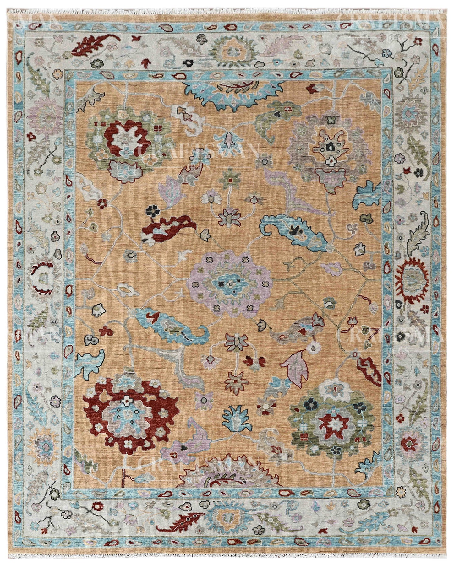 Zayvera Oushak-Inspired Hand-Knotted Wool Rug – Golden Ochre Field | Vintage Floral | Made to Order | Craftsman Rugs Exclusive