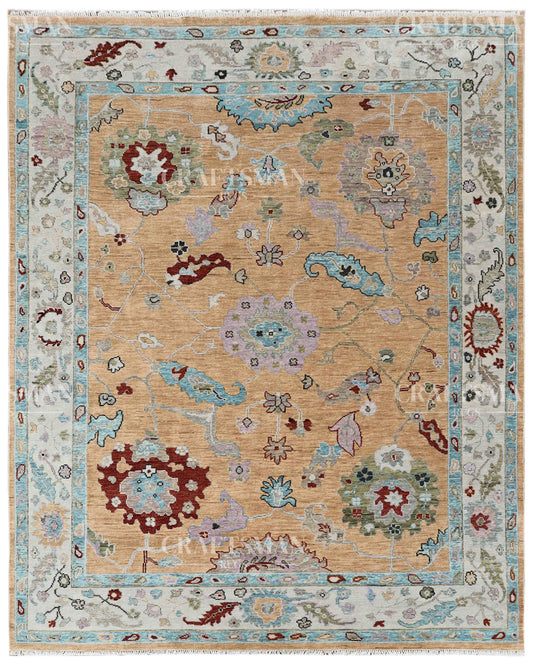 Zayvera Oushak-Inspired Hand-Knotted Wool Rug – Golden Ochre Field | Vintage Floral | Made to Order | Craftsman Rugs Exclusive