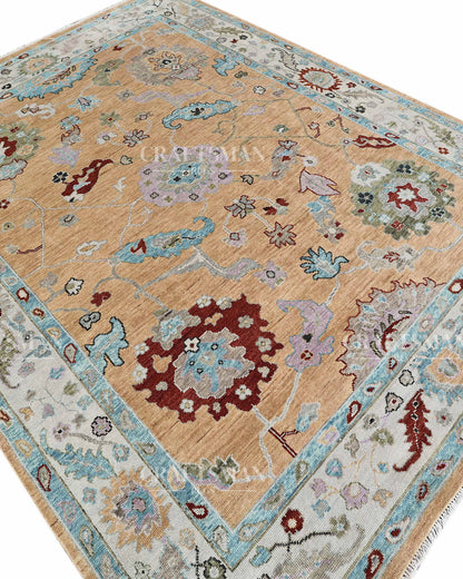 Zayvera Oushak-Inspired Hand-Knotted Wool Rug – Golden Ochre Field | Vintage Floral | Made to Order | Craftsman Rugs Exclusive