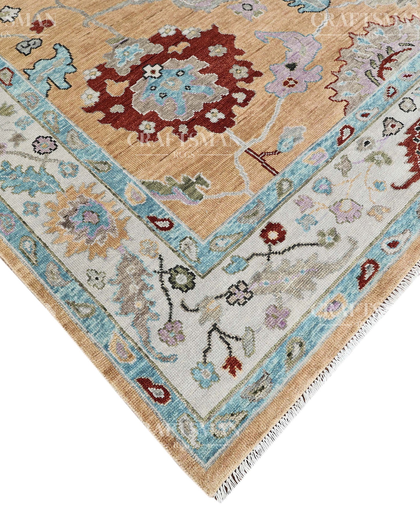 Zayvera Oushak-Inspired Hand-Knotted Wool Rug – Golden Ochre Field | Vintage Floral | Made to Order | Craftsman Rugs Exclusive