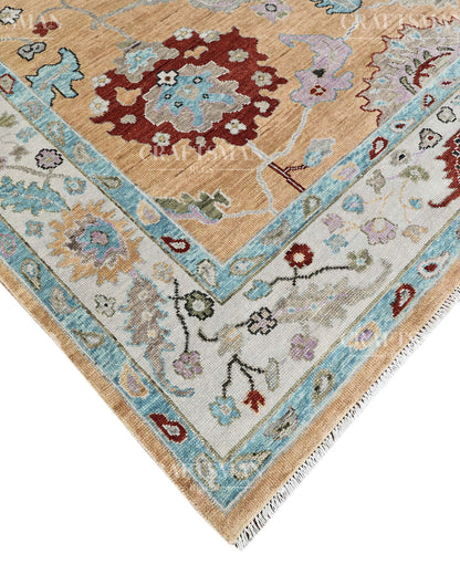 Zayvera Oushak-Inspired Hand-Knotted Wool Rug – Golden Ochre Field | Vintage Floral | Made to Order | Craftsman Rugs Exclusive