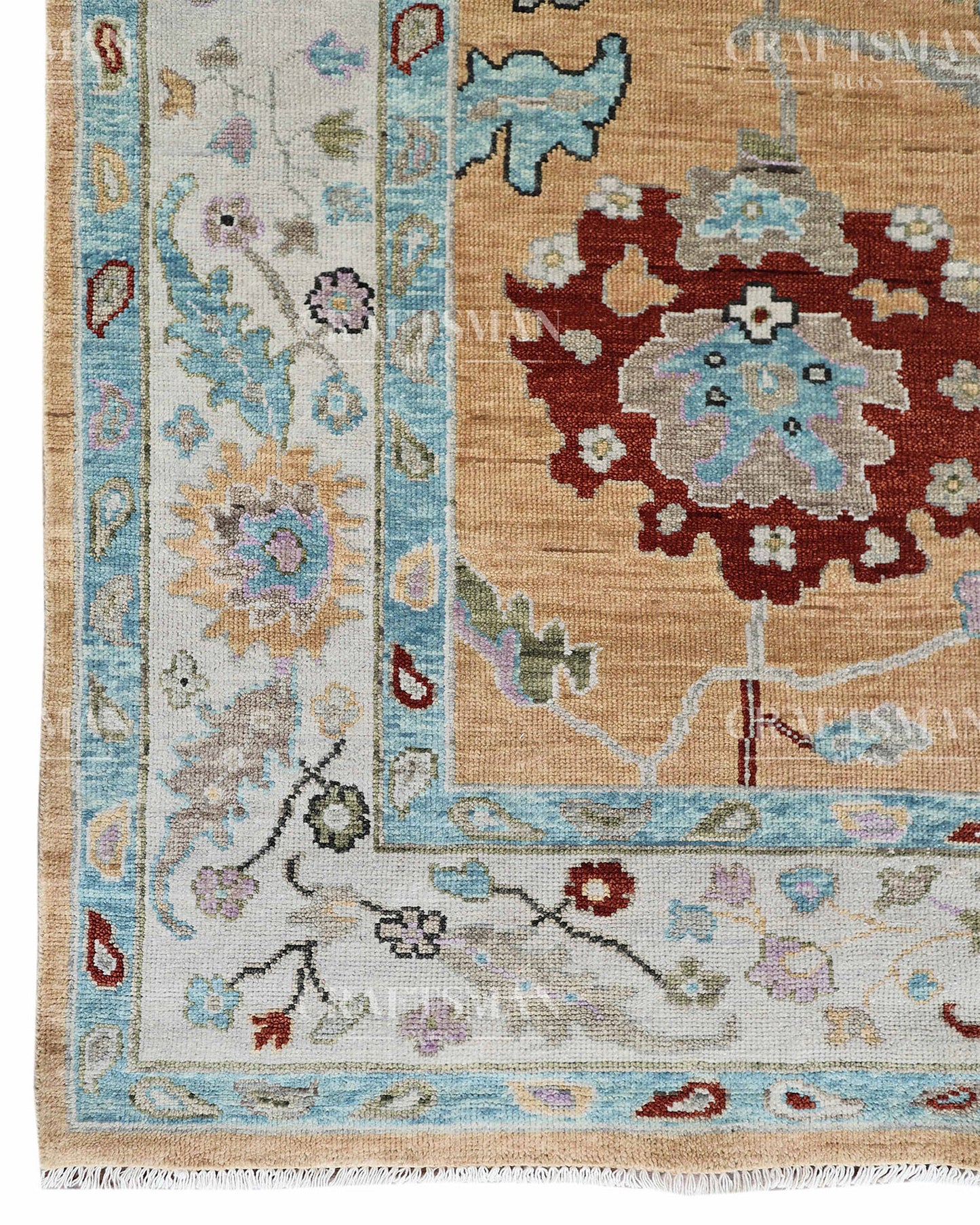 Zayvera Oushak-Inspired Hand-Knotted Wool Rug – Golden Ochre Field | Vintage Floral | Made to Order | Craftsman Rugs Exclusive