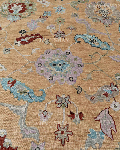 Zayvera Oushak-Inspired Hand-Knotted Wool Rug – Golden Ochre Field | Vintage Floral | Made to Order | Craftsman Rugs Exclusive