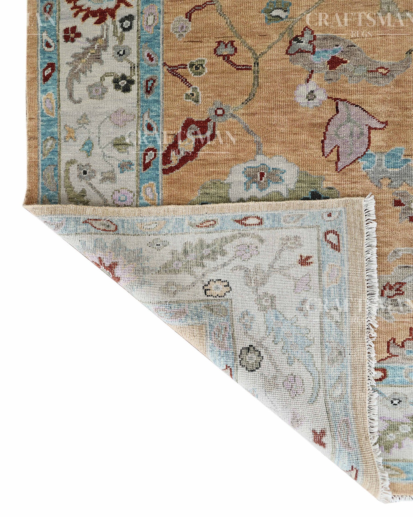 Zayvera Oushak-Inspired Hand-Knotted Wool Rug – Golden Ochre Field | Vintage Floral | Made to Order | Craftsman Rugs Exclusive