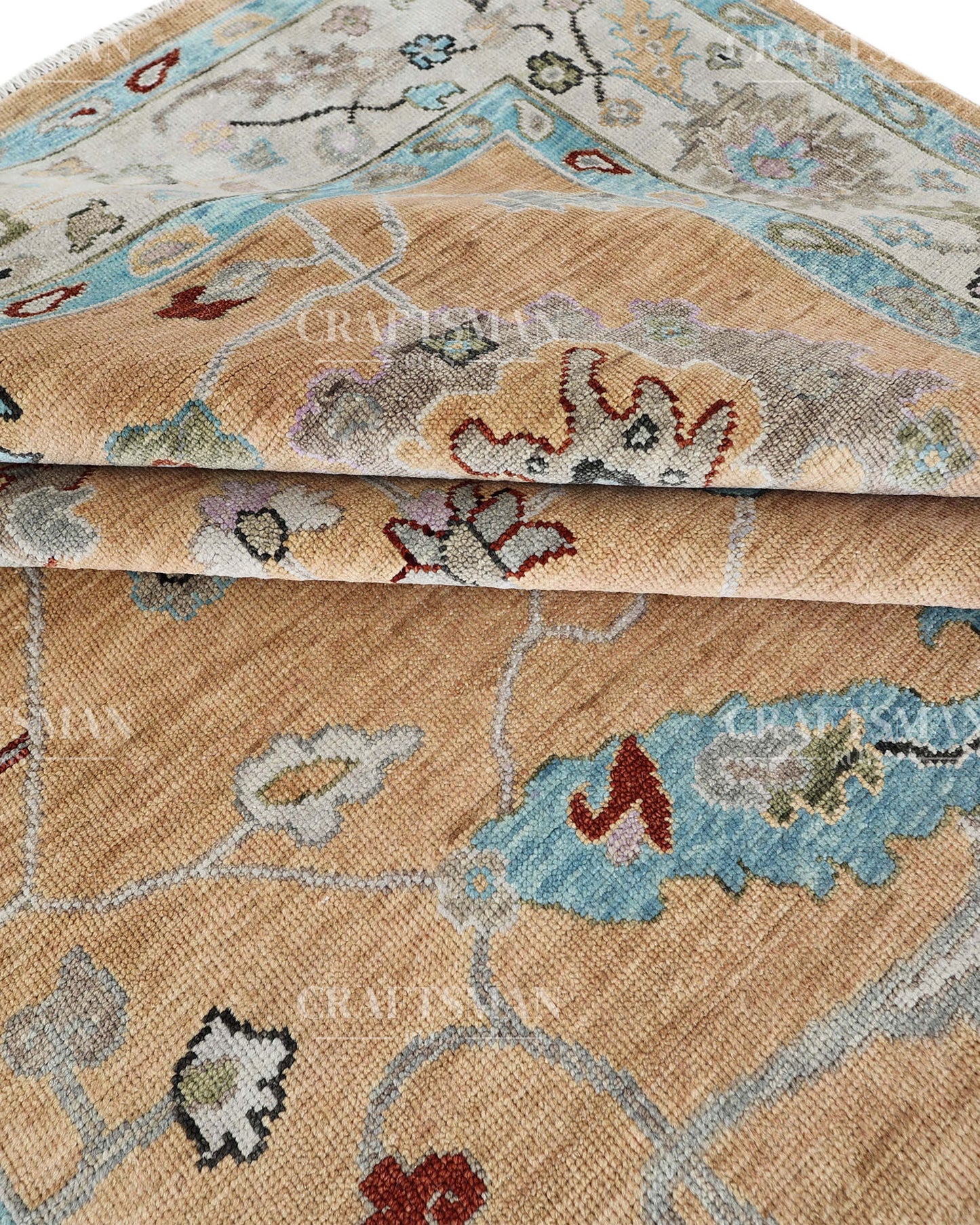 Zayvera Oushak-Inspired Hand-Knotted Wool Rug – Golden Ochre Field | Vintage Floral | Made to Order | Craftsman Rugs Exclusive