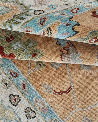 Zayvera Oushak-Inspired Hand-Knotted Wool Rug – Golden Ochre Field | Vintage Floral | Made to Order | Craftsman Rugs Exclusive