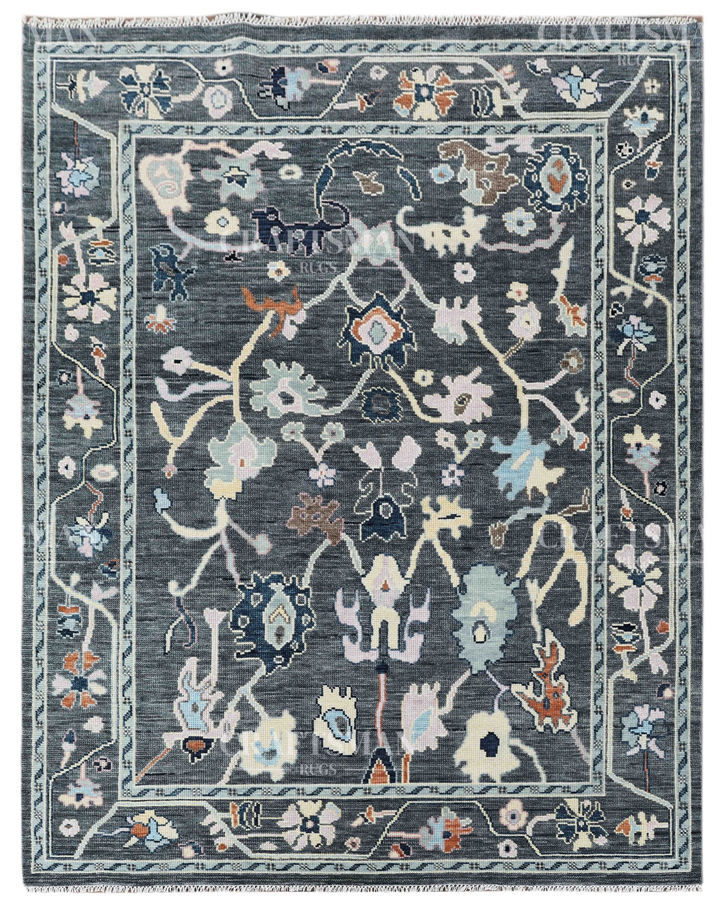 Noirva Oushak-Inspired Charcoal Hand-Knotted Wool Rug – Vintage Botanical Design | Made to Order | Craftsman Rugs Exclusive