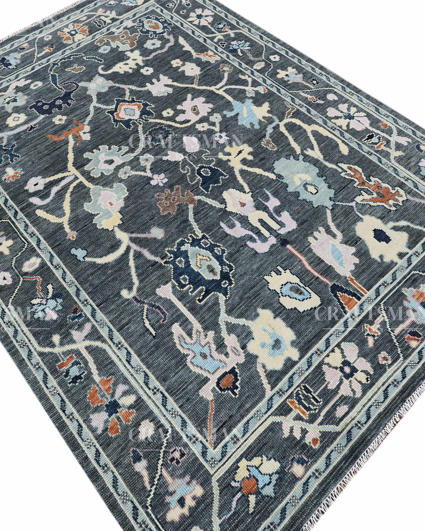 Noirva Oushak-Inspired Charcoal Hand-Knotted Wool Rug – Vintage Botanical Design | Made to Order | Craftsman Rugs Exclusive