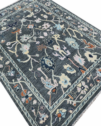 Noirva Oushak-Inspired Charcoal Hand-Knotted Wool Rug – Vintage Botanical Design | Made to Order | Craftsman Rugs Exclusive