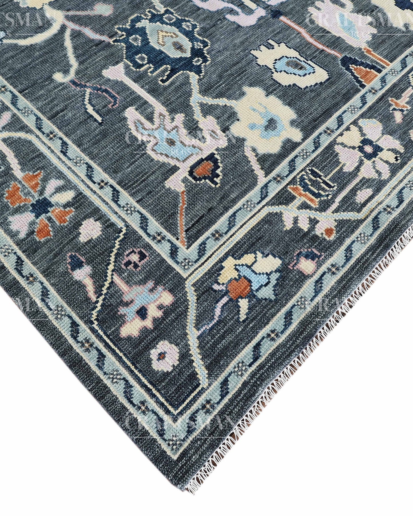 Noirva Oushak-Inspired Charcoal Hand-Knotted Wool Rug – Vintage Botanical Design | Made to Order | Craftsman Rugs Exclusive
