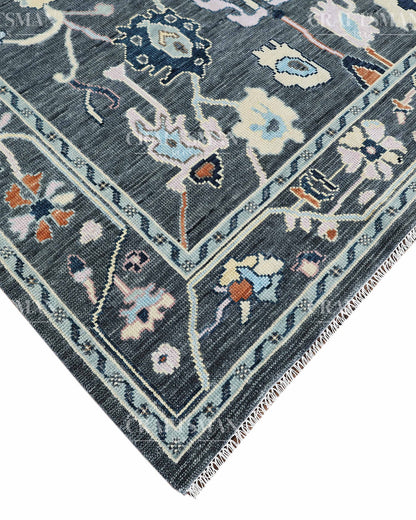 Noirva Oushak-Inspired Charcoal Hand-Knotted Wool Rug – Vintage Botanical Design | Made to Order | Craftsman Rugs Exclusive