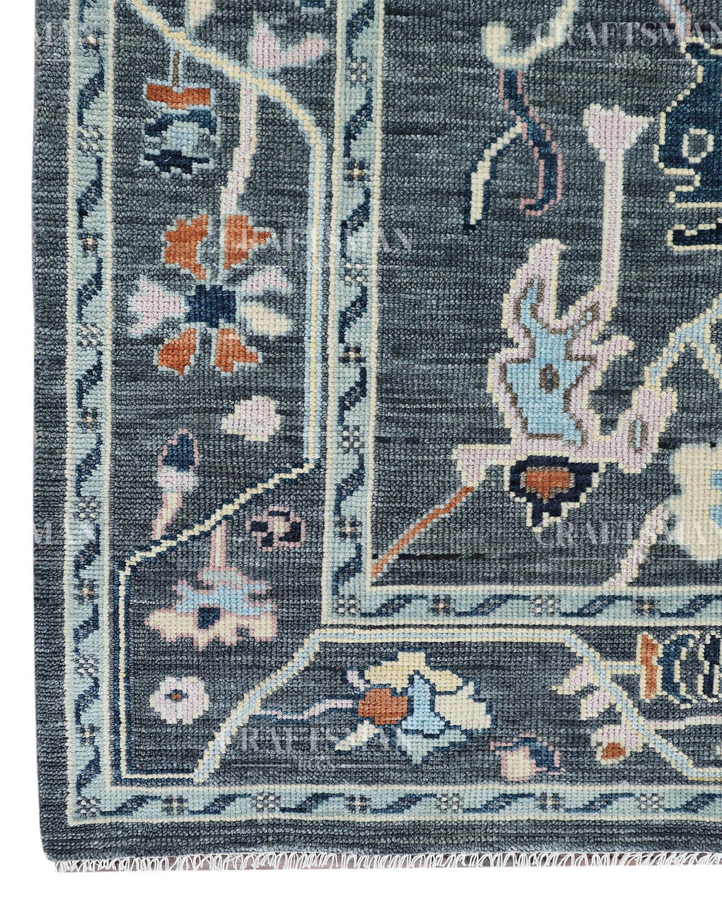 Noirva Oushak-Inspired Charcoal Hand-Knotted Wool Rug – Vintage Botanical Design | Made to Order | Craftsman Rugs Exclusive