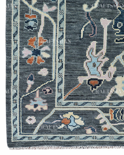 Noirva Oushak-Inspired Charcoal Hand-Knotted Wool Rug – Vintage Botanical Design | Made to Order | Craftsman Rugs Exclusive