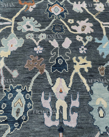 Noirva Oushak-Inspired Charcoal Hand-Knotted Wool Rug – Vintage Botanical Design | Made to Order | Craftsman Rugs Exclusive