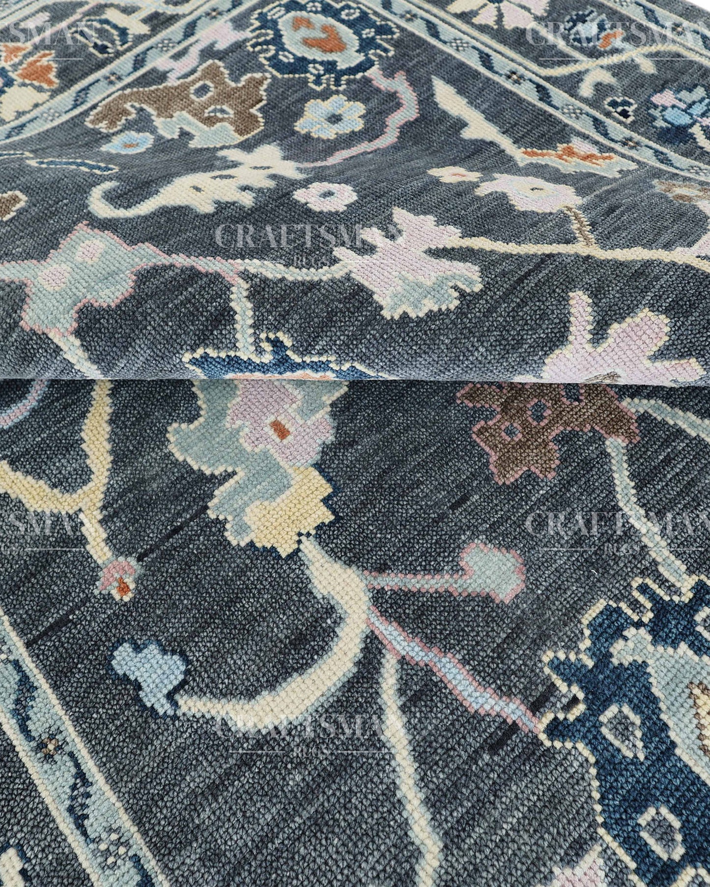 Noirva Oushak-Inspired Charcoal Hand-Knotted Wool Rug – Vintage Botanical Design | Made to Order | Craftsman Rugs Exclusive
