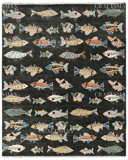 Marino Coastal Fish Hand-Knotted Wool Rug – Dark Charcoal Statement Design | Made to Order | Craftsman Rugs Exclusive