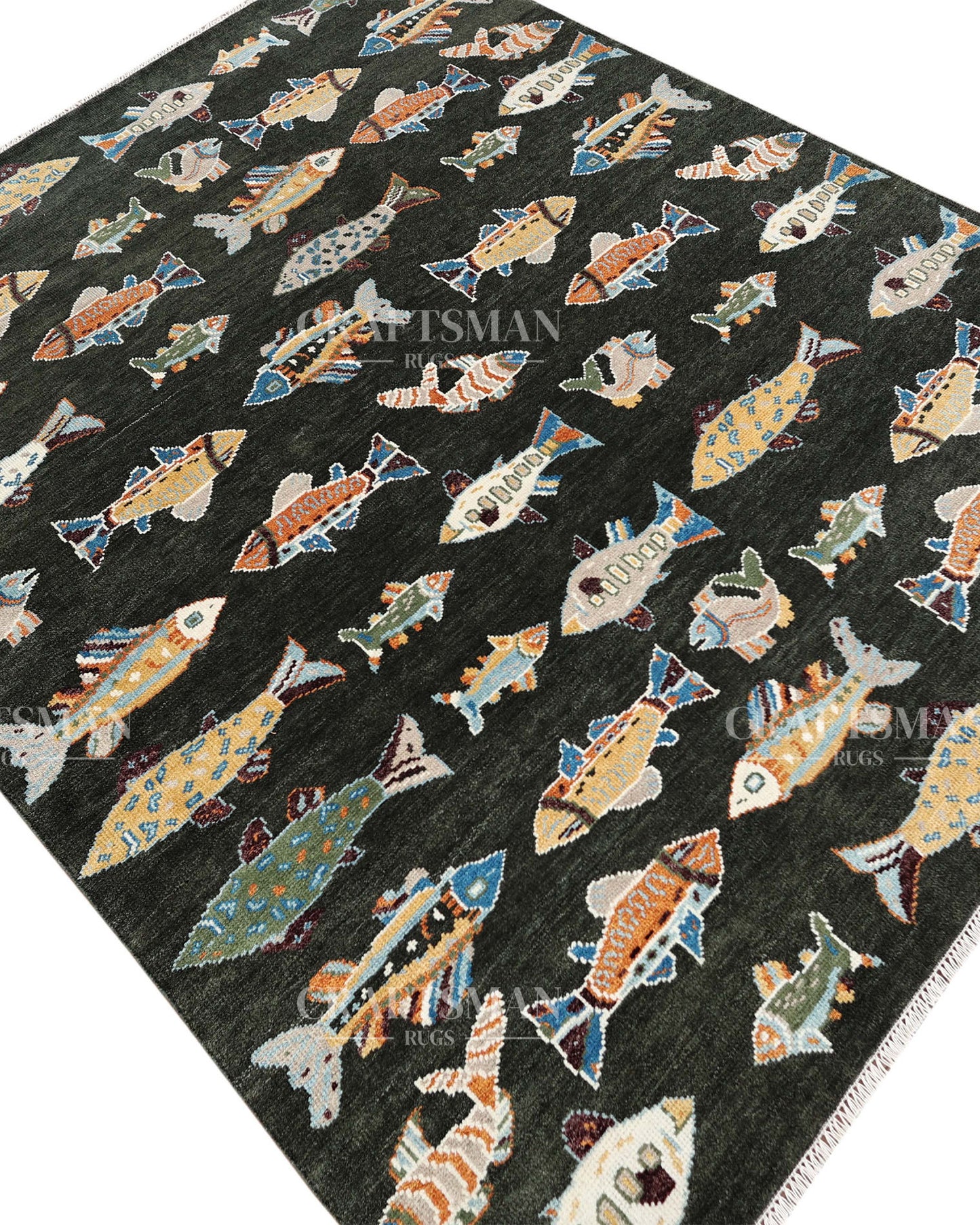 Marino Coastal Fish Hand-Knotted Wool Rug – Dark Charcoal Statement Design | Made to Order | Craftsman Rugs Exclusive