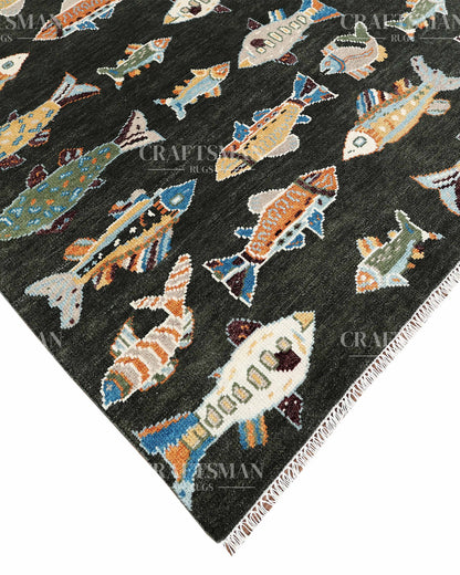 Marino Coastal Fish Hand-Knotted Wool Rug – Dark Charcoal Statement Design | Made to Order | Craftsman Rugs Exclusive