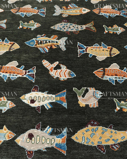 Marino Coastal Fish Hand-Knotted Wool Rug – Dark Charcoal Statement Design | Made to Order | Craftsman Rugs Exclusive