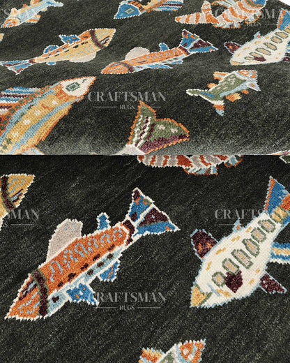 Marino Coastal Fish Hand-Knotted Wool Rug – Dark Charcoal Statement Design | Made to Order | Craftsman Rugs Exclusive