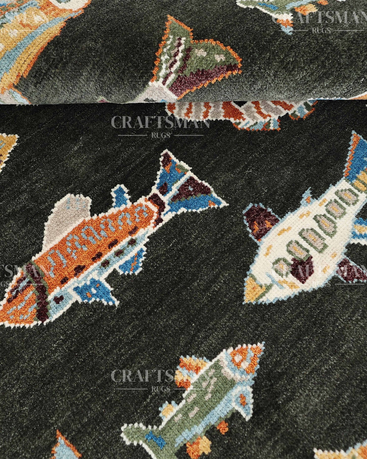 Marino Coastal Fish Hand-Knotted Wool Rug – Dark Charcoal Statement Design | Made to Order | Craftsman Rugs Exclusive