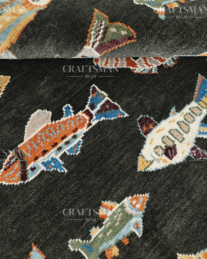 Marino Coastal Fish Hand-Knotted Wool Rug – Dark Charcoal Statement Design | Made to Order | Craftsman Rugs Exclusive