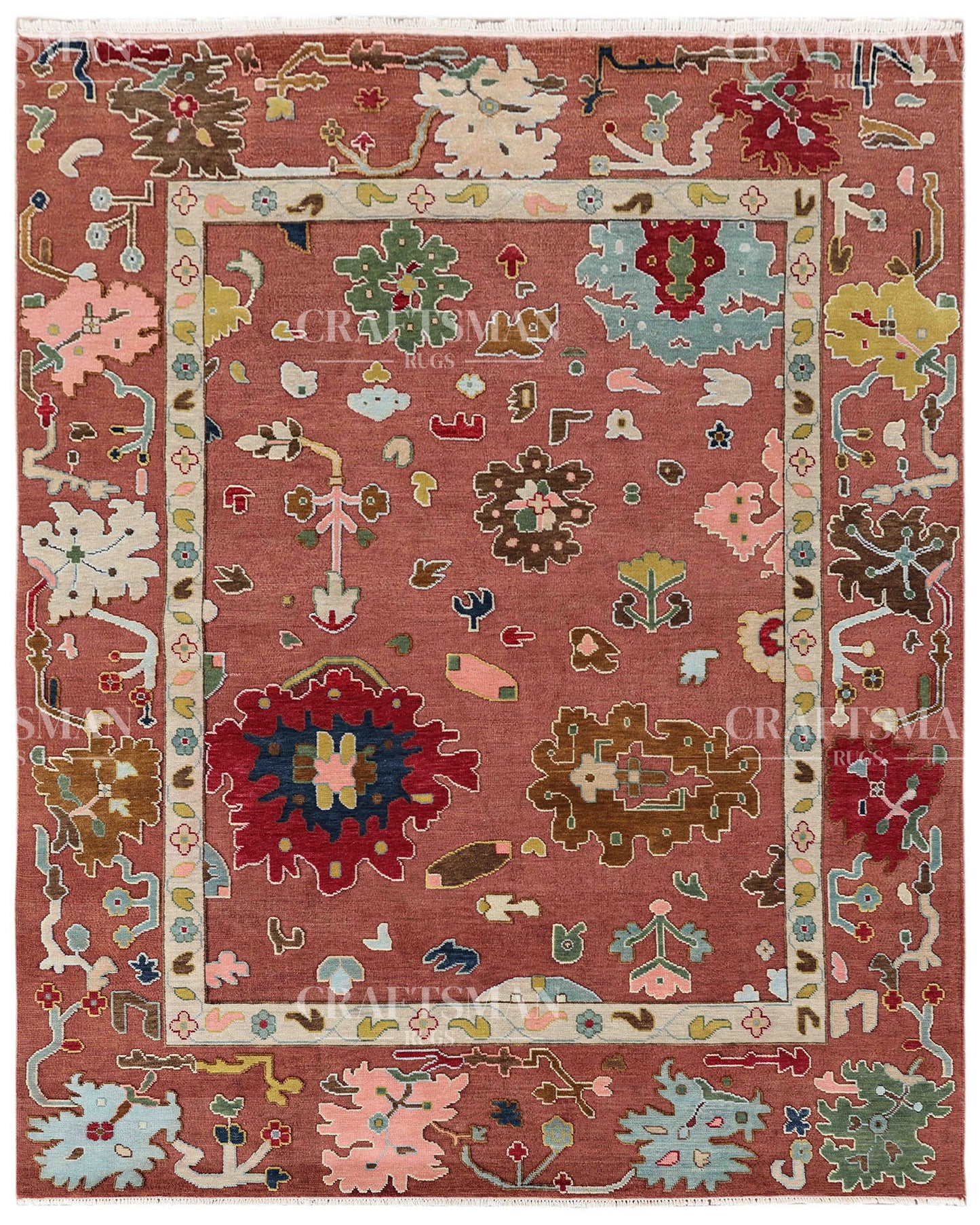 Rosavelle Oushak-Inspired Hand-Knotted Wool Rug – Terracotta Floral Vintage Design | Made to Order | Craftsman Rugs Exclusive