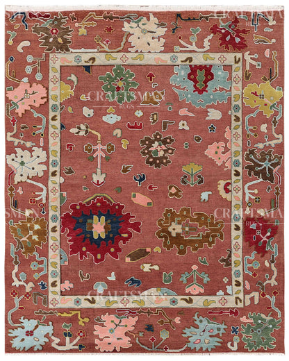 Rosavelle Oushak-Inspired Hand-Knotted Wool Rug – Terracotta Floral Vintage Design | Made to Order | Craftsman Rugs Exclusive