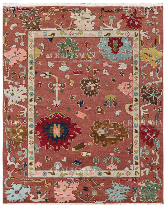Rosavelle Oushak-Inspired Hand-Knotted Wool Rug – Terracotta Floral Vintage Design | Made to Order | Craftsman Rugs Exclusive