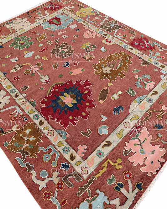 Rosavelle Oushak-Inspired Hand-Knotted Wool Rug – Terracotta Floral Vintage Design | Made to Order | Craftsman Rugs Exclusive