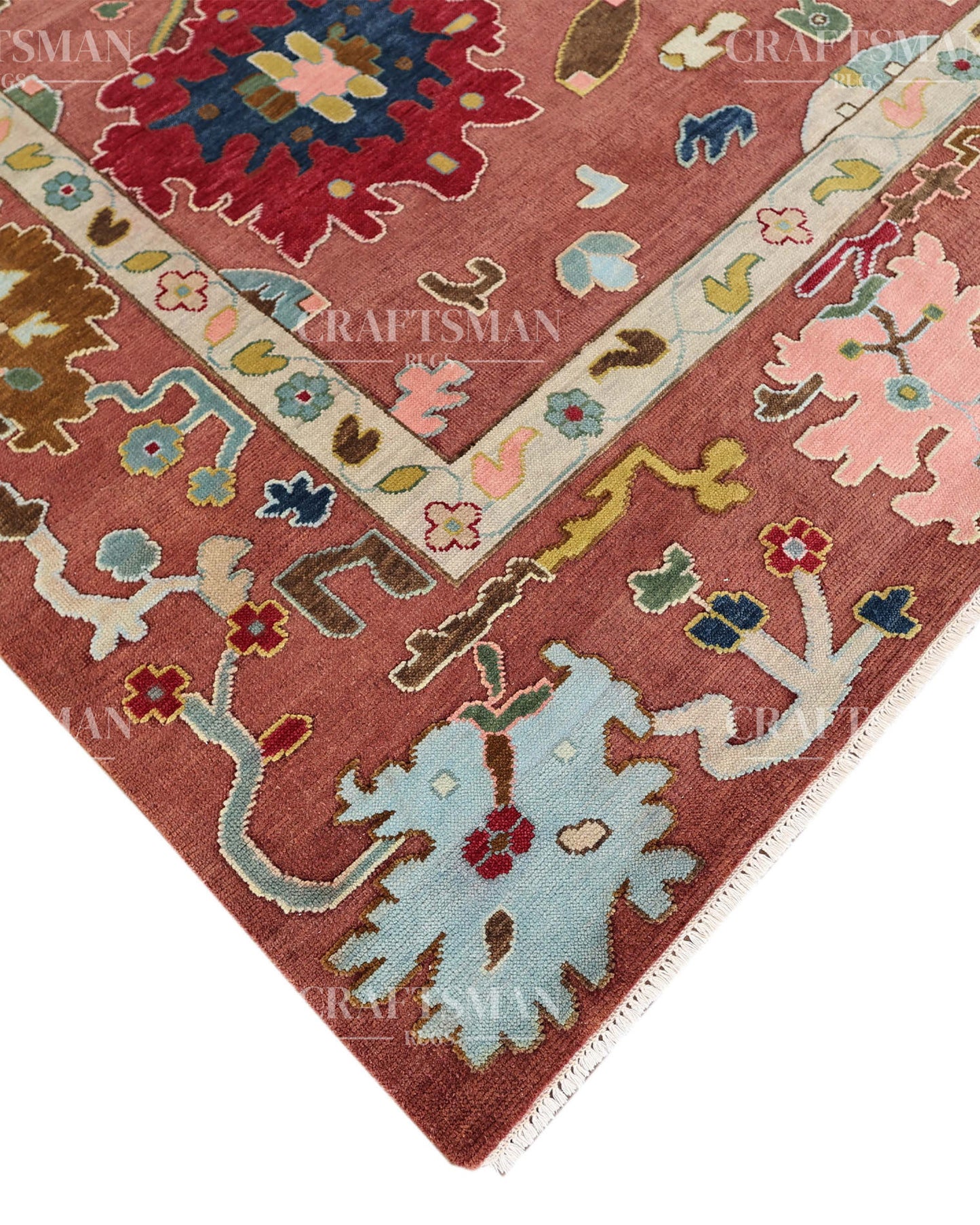 Rosavelle Oushak-Inspired Hand-Knotted Wool Rug – Terracotta Floral Vintage Design | Made to Order | Craftsman Rugs Exclusive