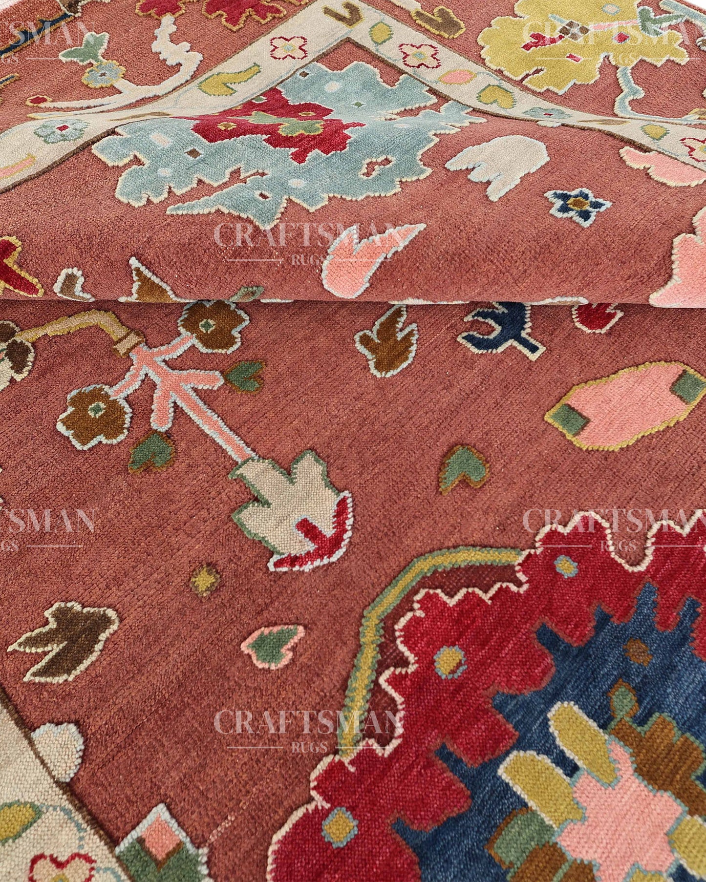Rosavelle Oushak-Inspired Hand-Knotted Wool Rug – Terracotta Floral Vintage Design | Made to Order | Craftsman Rugs Exclusive