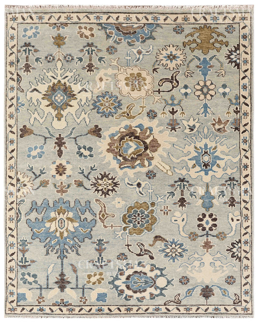 Sagebrook Oushak Hand-Knotted Wool Rug – Vintage Blue & Ivory Floral Design | Custom Size